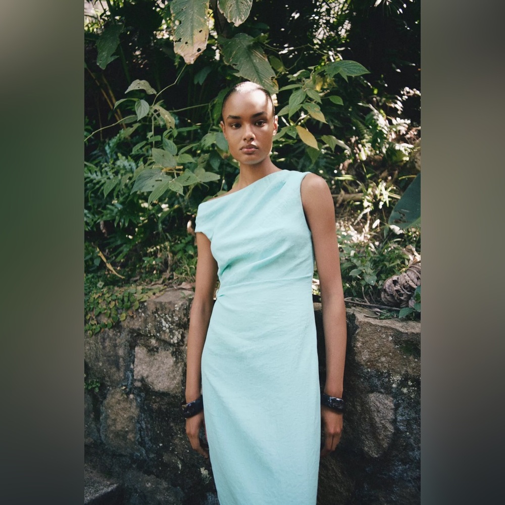 Zara Light Aqua One-Shoulder Maxi Dress